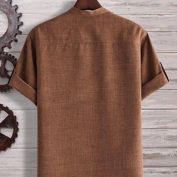 Coffee Brown Casual Mens Half Button Roll Up Sleeve Shirt - Picture 3 of 5